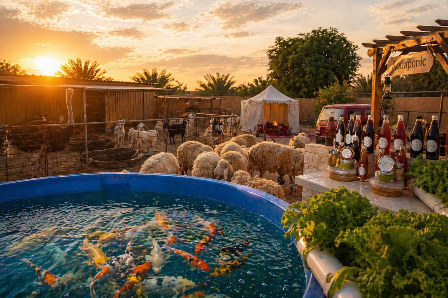 Aquaponic farm in Al Ain, UAE — greenhouses and farm grounds